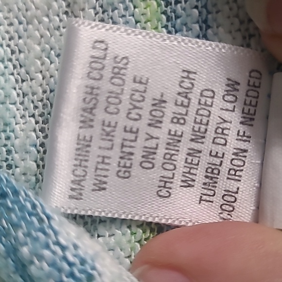 Tunic Top Patchwork Knit Blue Neon Green White Hankercheif Hem Elbow Sleeves - Picture 8 of 9